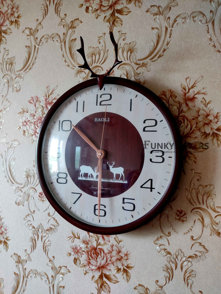 Funkytradition Brown Reindeer Wall Clock Watch Decor For Home Office And Gifts 35 Cm Tall Clocks