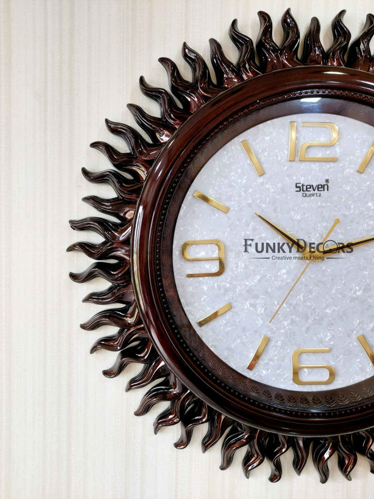 Funkytradition Dark Brown Sun Shaped Wall Clock Watch Decor For Home Office And Gifts 60 Cm Tall