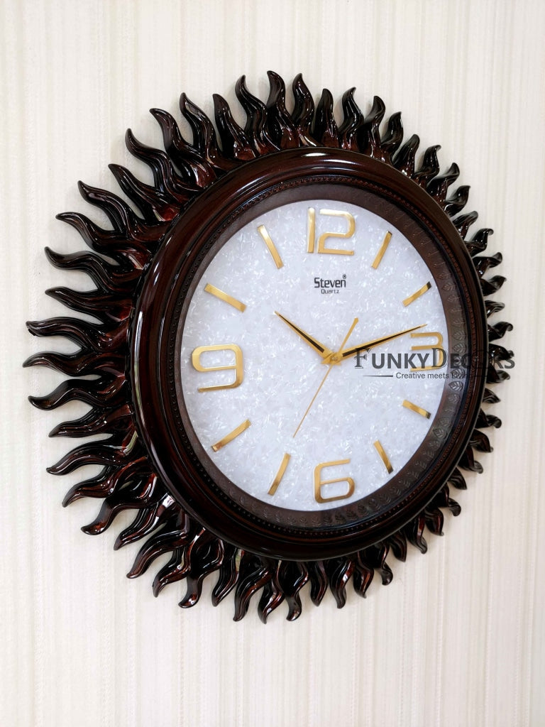 Funkytradition Dark Brown Sun Shaped Wall Clock Watch Decor For Home Office And Gifts 60 Cm Tall