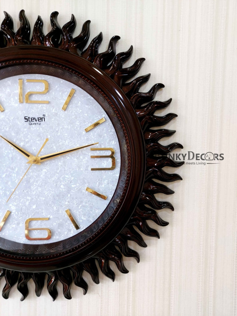 Funkytradition Dark Brown Sun Shaped Wall Clock Watch Decor For Home Office And Gifts 60 Cm Tall