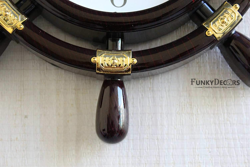 FunkyTradition Decorative Antique Retro Round Ship Steering Shape Plastic Pendulum Wall Clock for Home Office Decor and Gifts 40 CM Tall