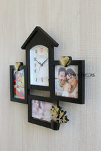Load image into Gallery viewer, FunkyTradition Designer Black House Shape Love and Family Frames for 3 Photos with Clock for Home Office Decor and Anniversary Valentines Birthday Housewarming Gifts 43 CM Wide
