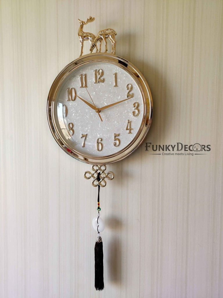 FunkyDecors Designer Golden White Reindeer Tessel Wall Clock Watch Decor For Home Office And