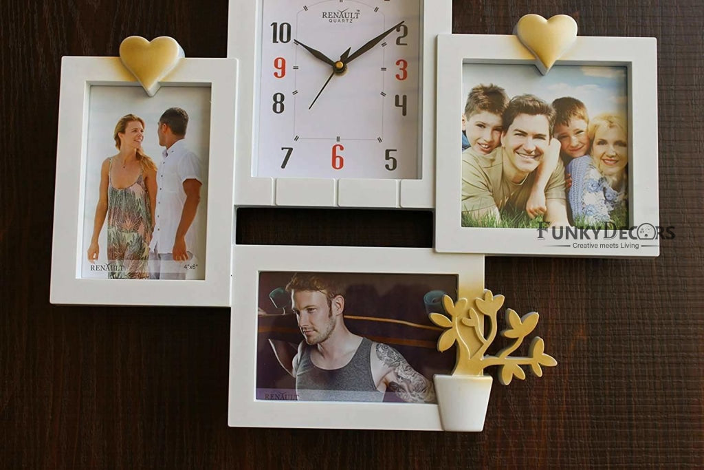 FunkyTradition Designer White House Shape Love and Family Frames for 3 Photos with Clock for Home Office Decor and Anniversary Valentines Birthday Housewarming Gifts 43 CM Wide