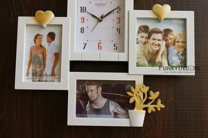 FunkyTradition Designer White House Shape Love and Family Frames for 3 Photos with Clock for Home Office Decor and Anniversary Valentines Birthday Housewarming Gifts 43 CM Wide
