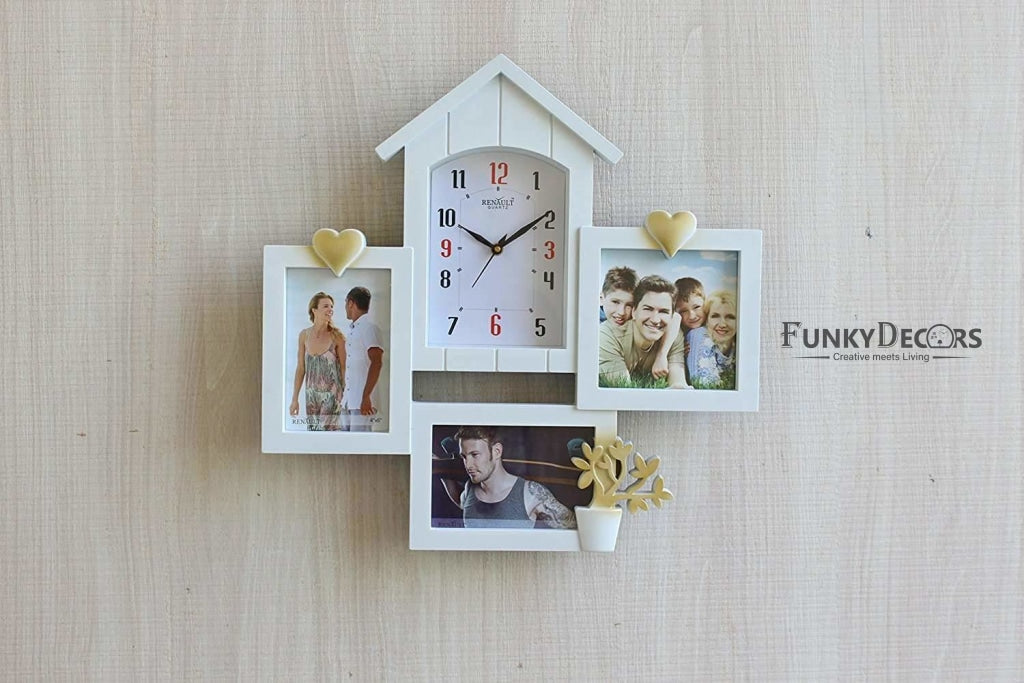 FunkyTradition Designer White House Shape Love and Family Frames for 3 Photos with Clock for Home Office Decor and Anniversary Valentines Birthday Housewarming Gifts 43 CM Wide