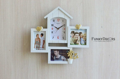 FunkyTradition Designer White House Shape Love and Family Frames for 3 Photos with Clock for Home Office Decor and Anniversary Valentines Birthday Housewarming Gifts 43 CM Wide