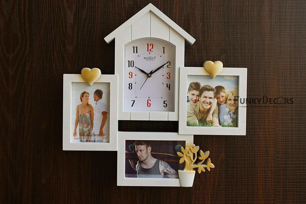 FunkyTradition Designer White House Shape Love and Family Frames for 3 Photos with Clock for Home Office Decor and Anniversary Valentines Birthday Housewarming Gifts 43 CM Wide