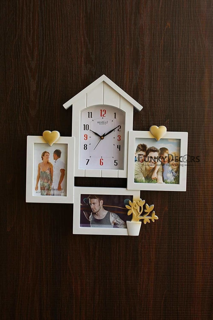FunkyTradition Designer White House Shape Love and Family Frames for 3 Photos with Clock for Home Office Decor and Anniversary Valentines Birthday Housewarming Gifts 43 CM Wide