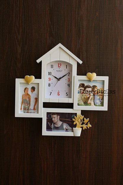 FunkyTradition Designer White House Shape Love and Family Frames for 3 Photos with Clock for Home Office Decor and Anniversary Valentines Birthday Housewarming Gifts 43 CM Wide