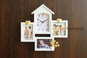 FunkyTradition Designer White House Shape Love and Family Frames for 3 Photos with Clock for Home Office Decor and Anniversary Valentines Birthday Housewarming Gifts 43 CM Wide