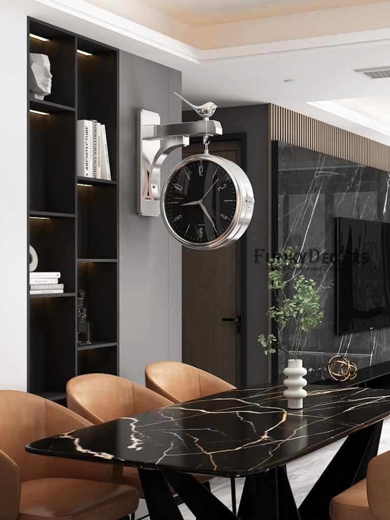 Funkytradition Luxury Look Deer Silver Round Wall Hanging Double Sided 2 Faces Retro Station Clock