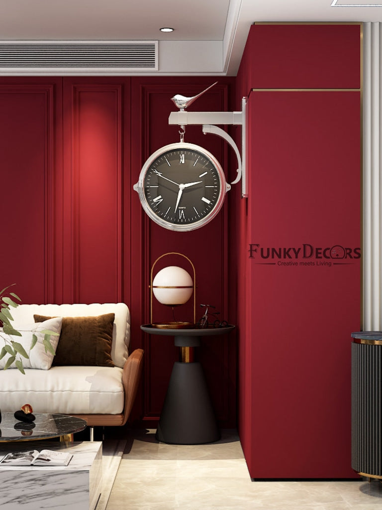 Funkytradition Luxury Look Deer Silver Round Wall Hanging Double Sided 2 Faces Retro Station Clock
