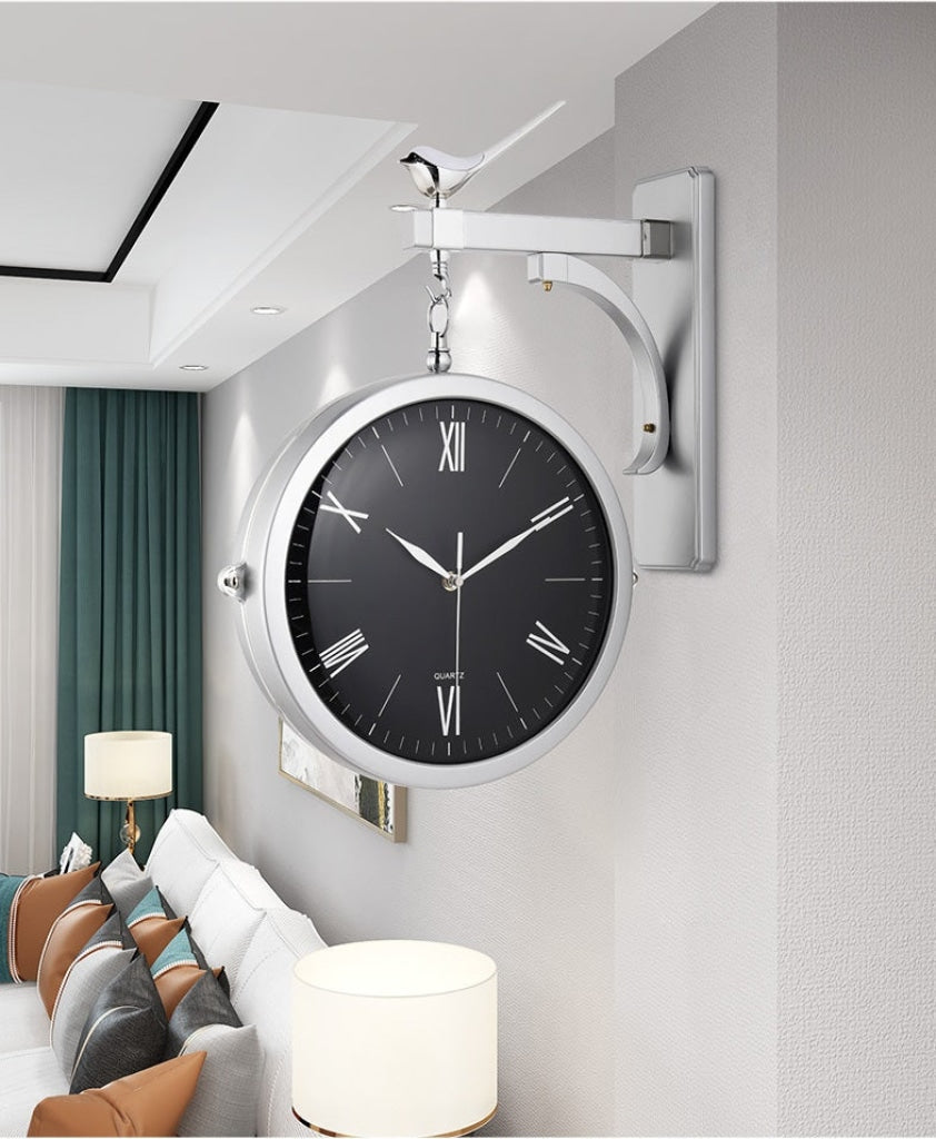 Funkytradition Luxury Look Deer Silver Round Wall Hanging Double Sided 2 Faces Retro Station Clock
