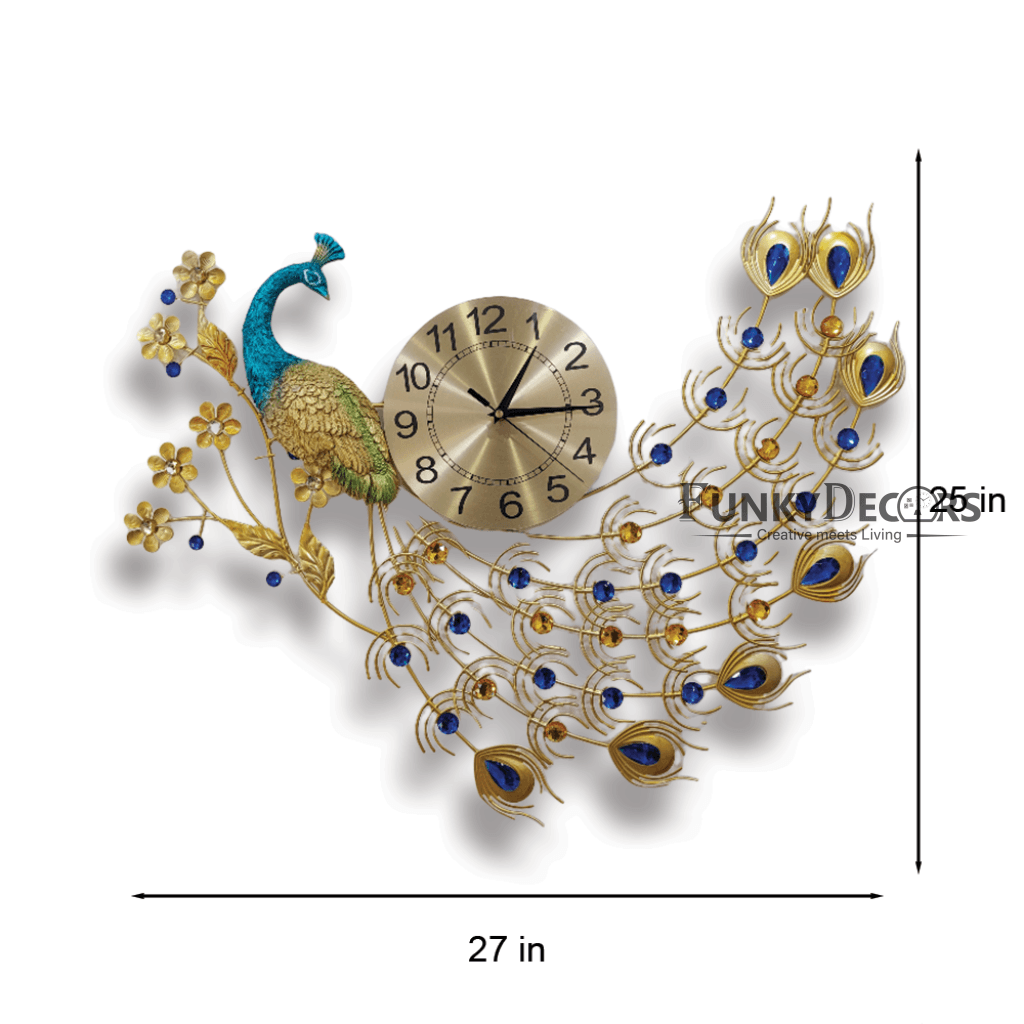 Funkytradition Modern Minimalist Creative Clock Big Peacock Colorful Metal Wall Watch Decor For Home