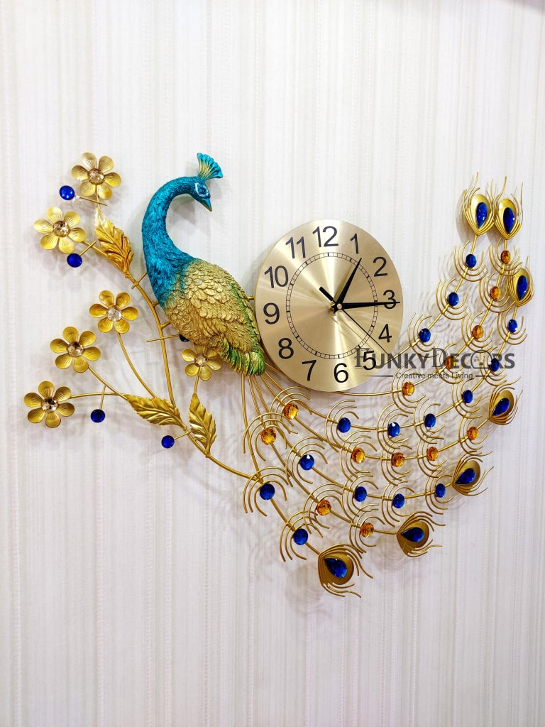 Funkytradition Modern Minimalist Creative Clock Big Peacock Colorful Metal Wall Watch Decor For Home