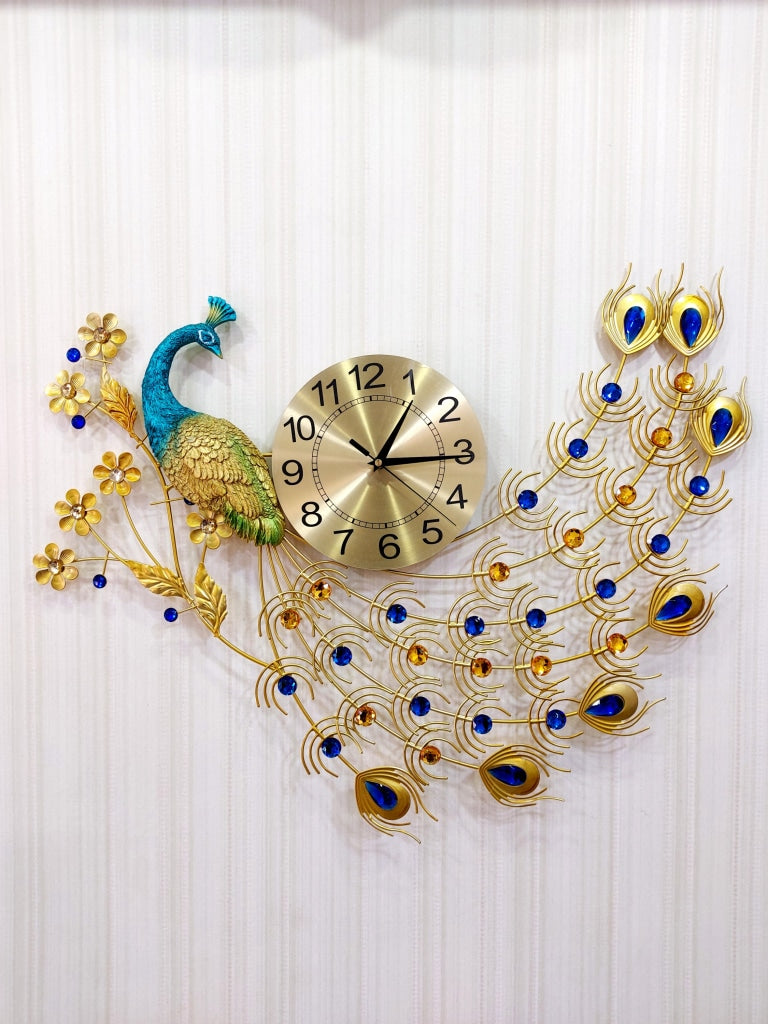 Funkytradition Modern Minimalist Creative Clock Big Peacock Colorful Metal Wall Watch Decor For Home