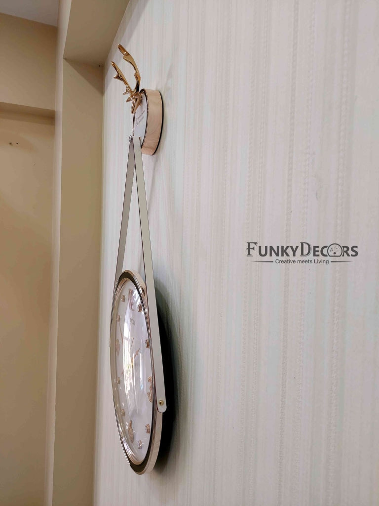 FunkyDecors Rose Gold White Reindeer Hanging Wall Clock Decor For Home Office And Gifts 70 Cm