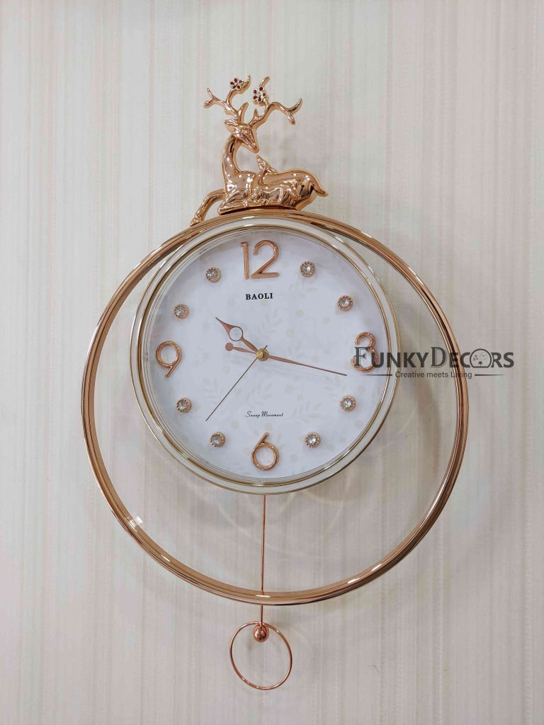 FunkyDecors Rose Gold White Reindeer Pendulum Wall Clock Decor For Home Office And Gifts 65 Cm