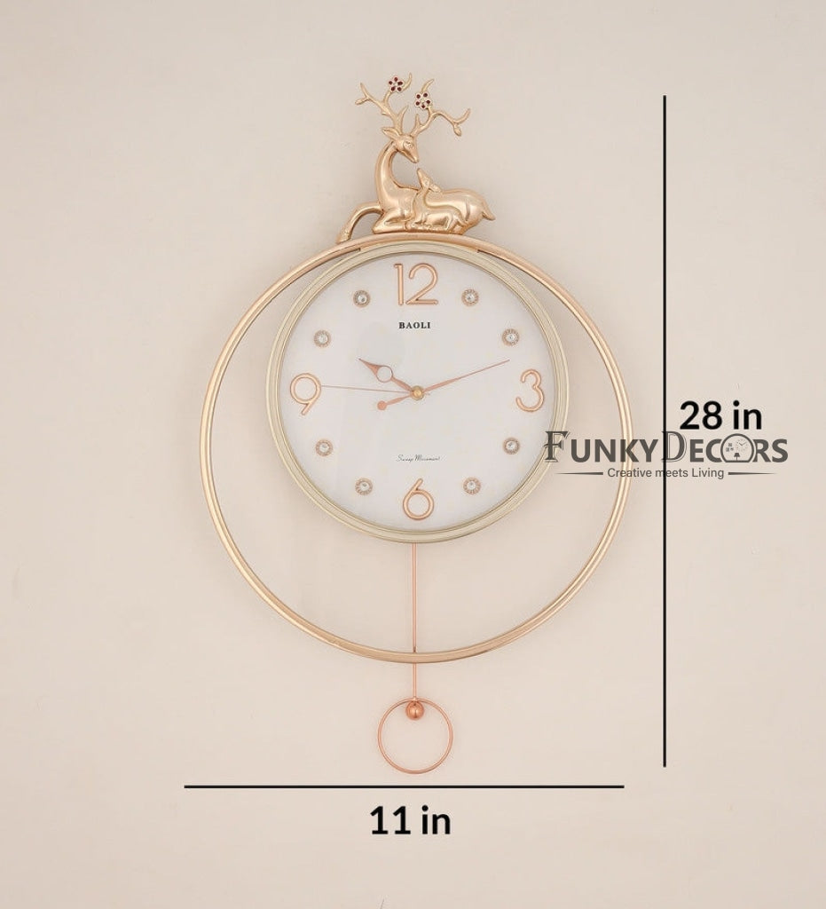 FunkyDecors Rose Gold White Reindeer Pendulum Wall Clock Decor For Home Office And Gifts 65 Cm