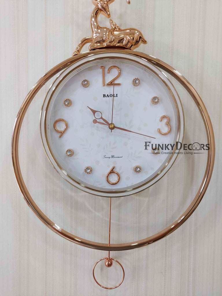 FunkyDecors Rose Gold White Reindeer Pendulum Wall Clock Decor For Home Office And Gifts 65 Cm