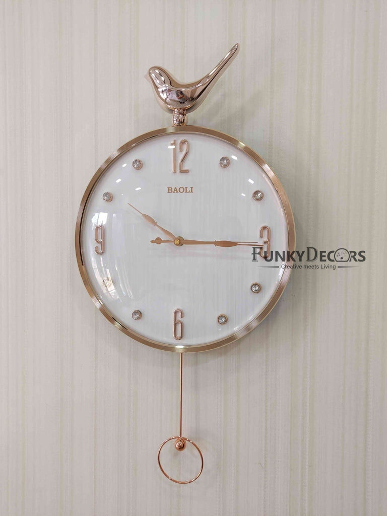 Funkytradition Rose Gold White Sparrow Pendulum Wall Clock Decor For Home Office And Gifts 60 Cm
