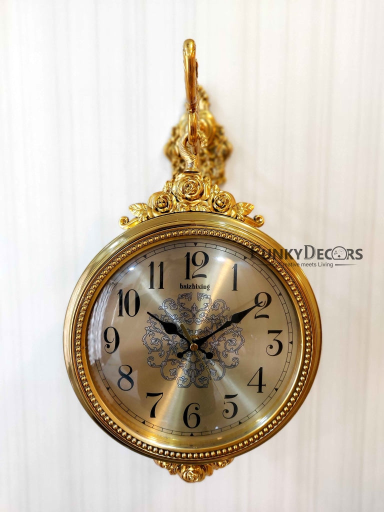 FunkyDecors Royal Antique-Look Gold Round Wall Hanging Double Sided 2 Faces Retro Station Clock