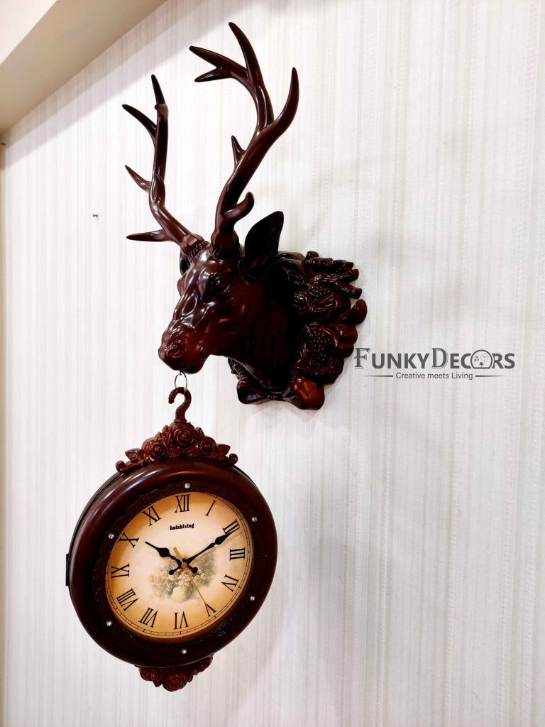 Funkytradition Royal Brown Dual Hanging Reindeer Wall Clock For Home Office Decor And Gifts 75 Cm