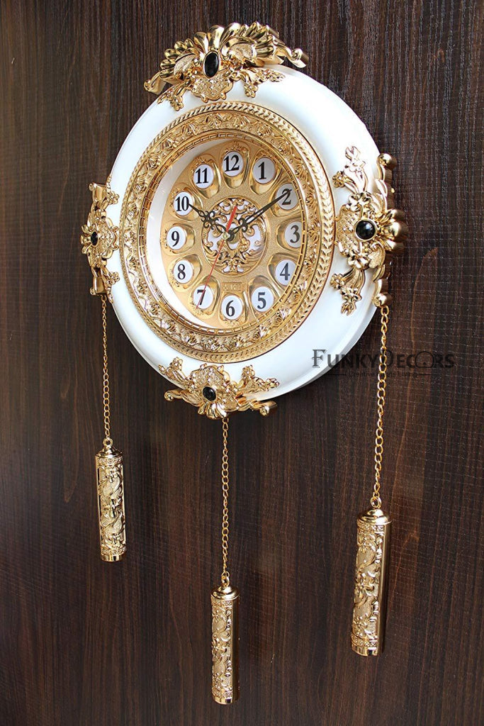 FunkyDecors Royal Designer Gold Plated White Premium String Hanging Wall Clock For Home Office