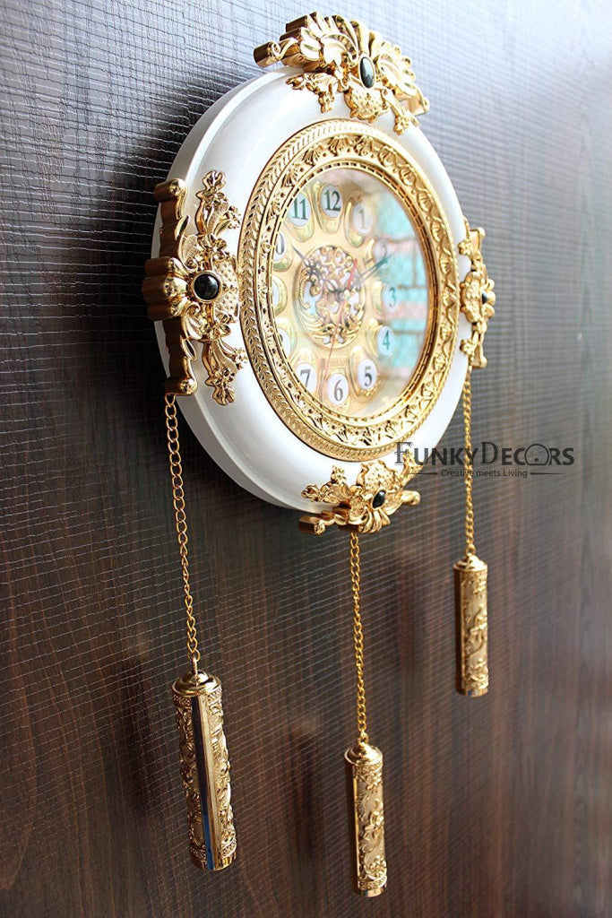 FunkyDecors Royal Designer Gold Plated White Premium String Hanging Wall Clock For Home Office