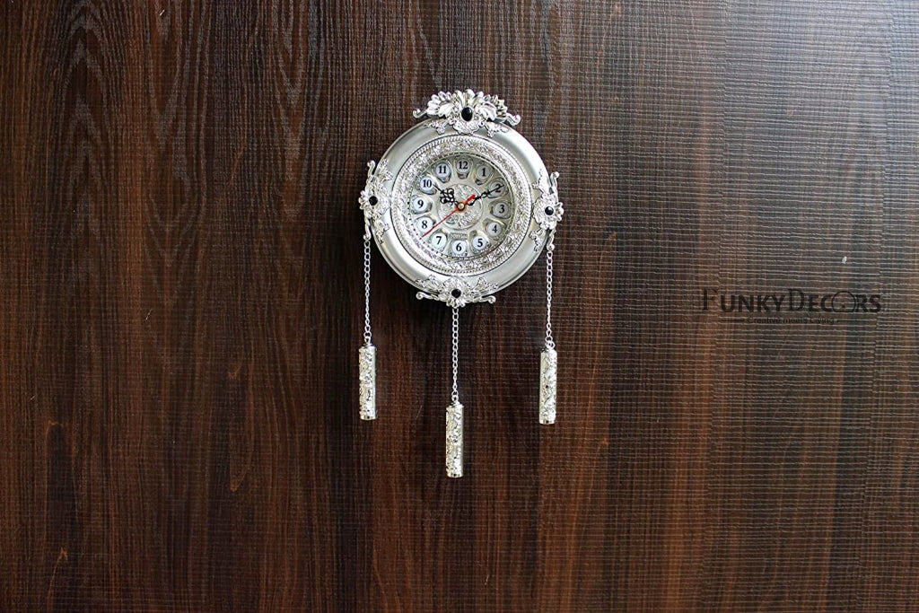 FunkyDecors Royal Designer Silver Plated White Premium String Hanging Wall Clock For Home Office