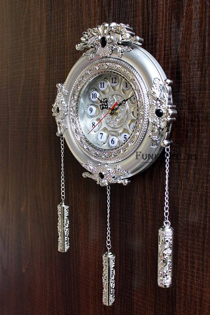 FunkyDecors Royal Designer Silver Plated White Premium String Hanging Wall Clock For Home Office