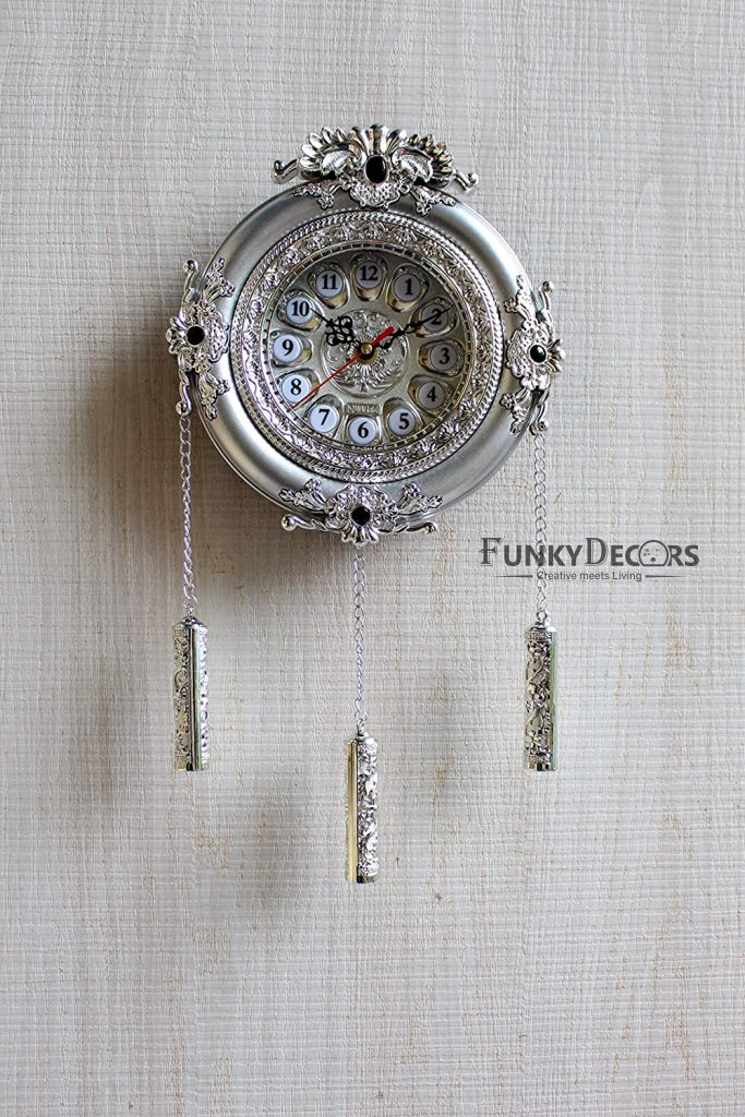 FunkyDecors Royal Designer Silver Plated White Premium String Hanging Wall Clock For Home Office
