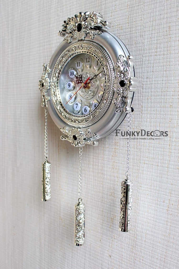FunkyDecors Royal Designer Silver Plated White Premium String Hanging Wall Clock For Home Office