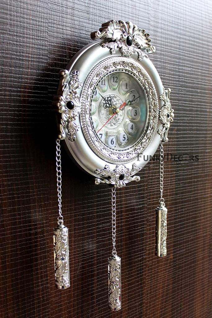 FunkyDecors Royal Designer Silver Plated White Premium String Hanging Wall Clock For Home Office