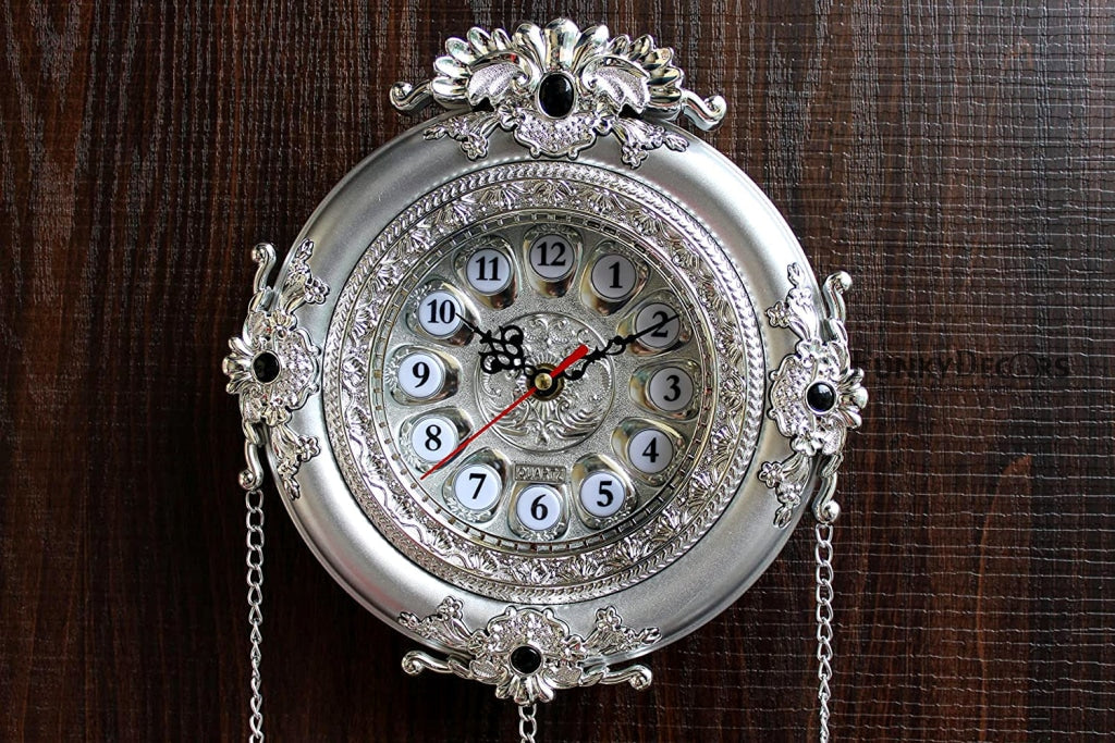 FunkyDecors Royal Designer Silver Plated White Premium String Hanging Wall Clock For Home Office
