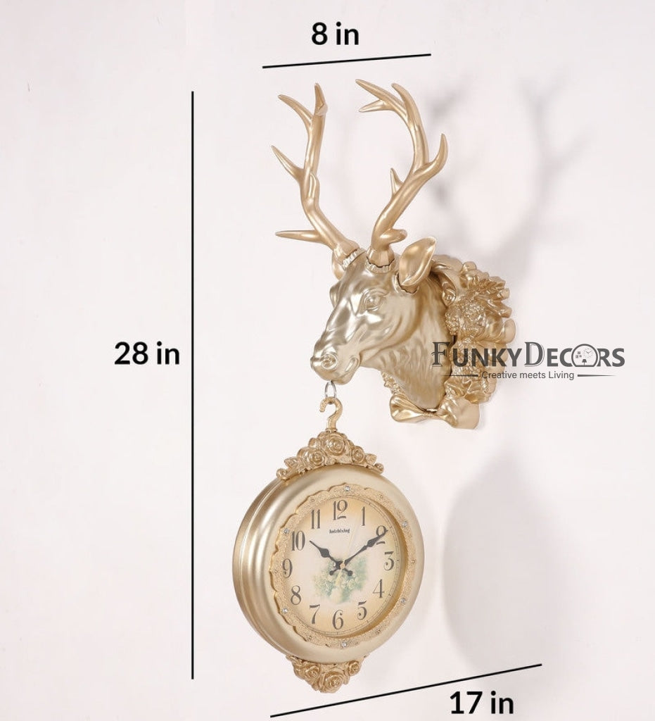 Funkytradition Royal Golden Color Dual Hanging Reindeer Wall Clock| Watch | Clock For Home Office