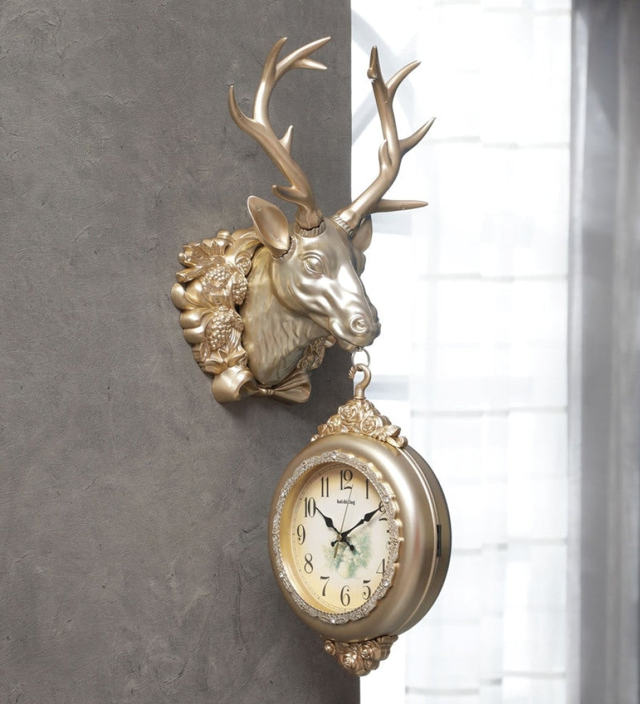 Funkytradition Royal Golden Color Dual Hanging Reindeer Wall Clock| Watch | Clock For Home Office