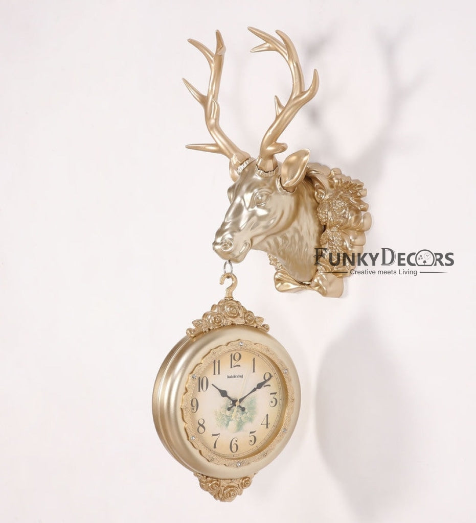 Funkytradition Royal Golden Color Dual Hanging Reindeer Wall Clock| Watch | Clock For Home Office