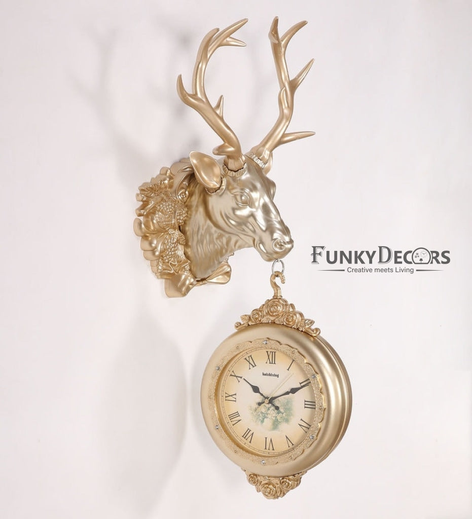 Funkytradition Royal Golden Color Dual Hanging Reindeer Wall Clock| Watch | Clock For Home Office