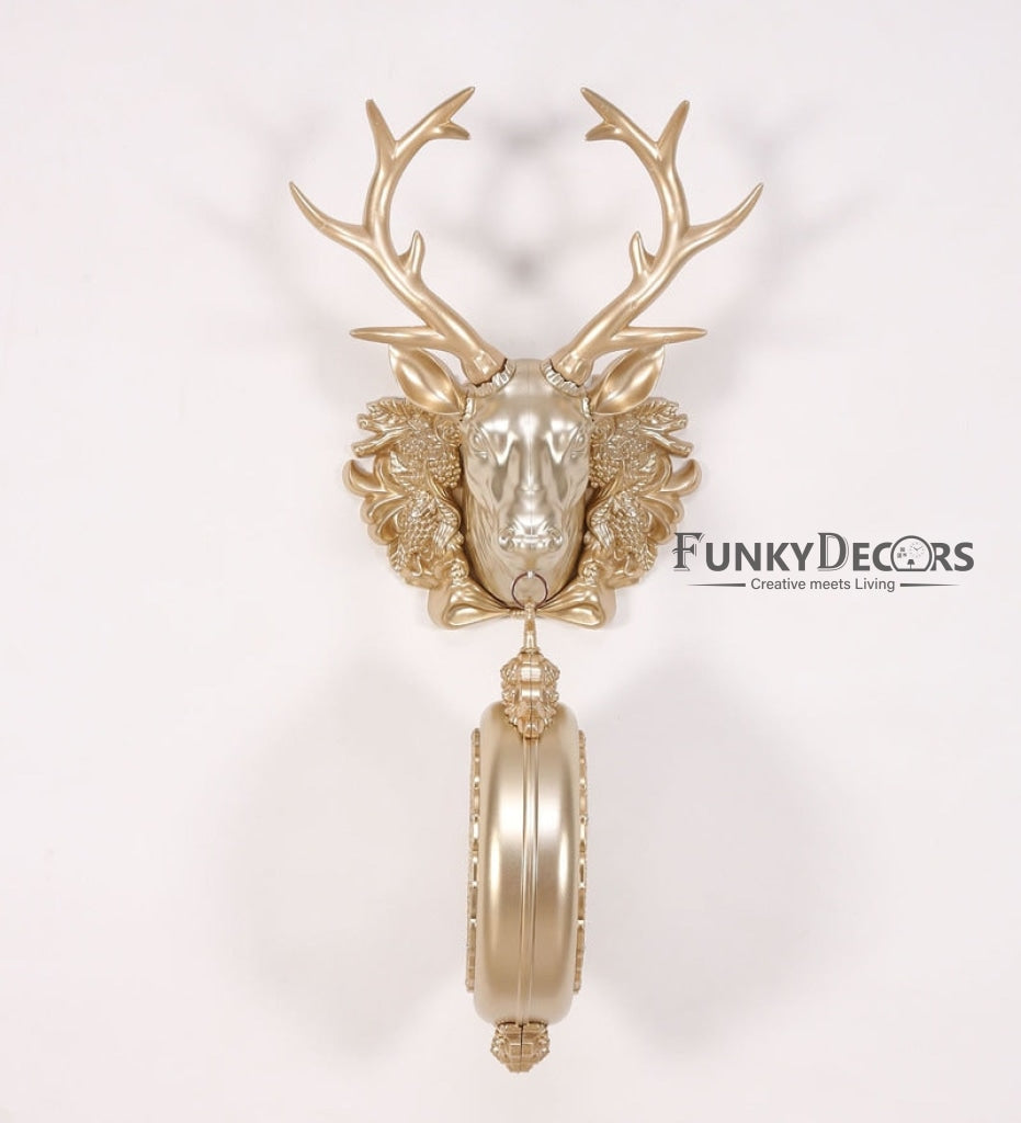 Funkytradition Royal Golden Color Dual Hanging Reindeer Wall Clock| Watch | Clock For Home Office