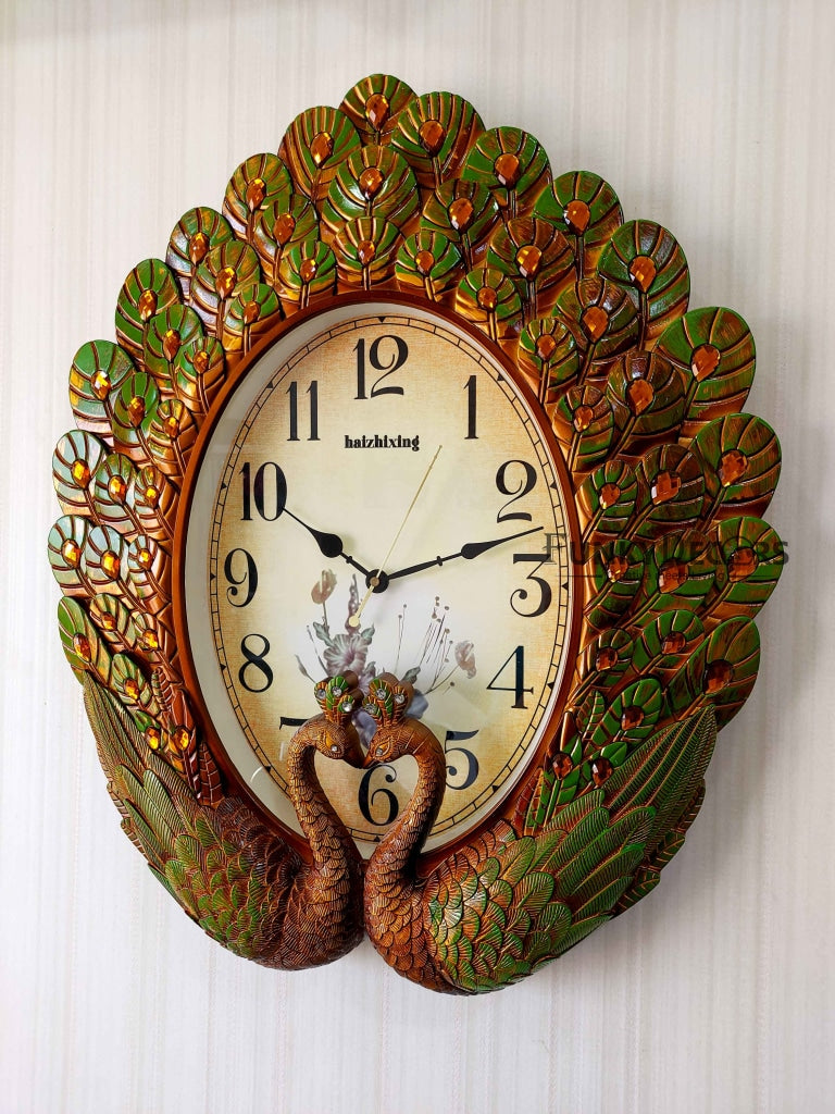 Funkytradition Royal Green Peacock Wall Clock For Home Office Decor And Gifts 60 Cm Tall Clocks