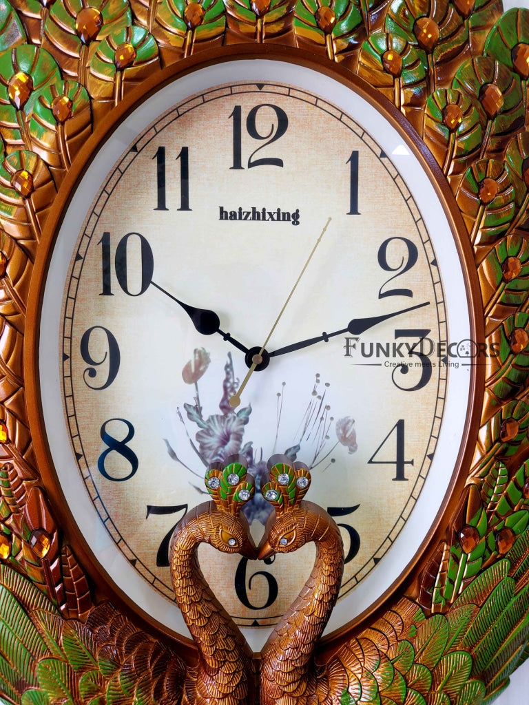 Funkytradition Royal Green Peacock Wall Clock For Home Office Decor And Gifts 60 Cm Tall Clocks