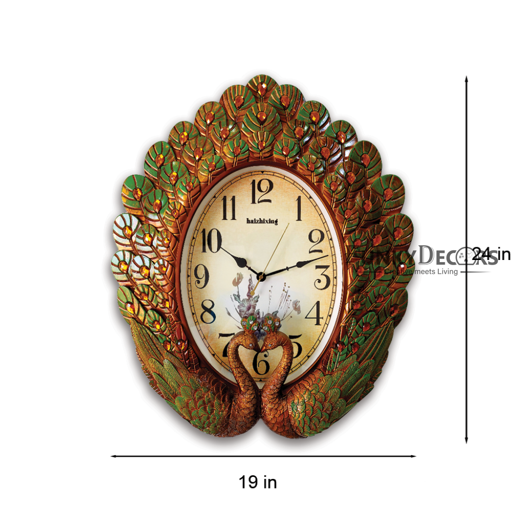 Funkytradition Royal Green Peacock Wall Clock For Home Office Decor And Gifts 60 Cm Tall Clocks