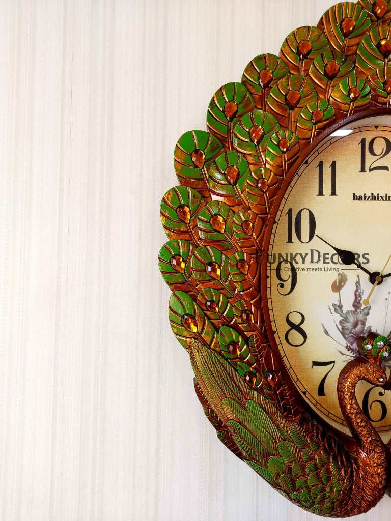 Funkytradition Royal Green Peacock Wall Clock For Home Office Decor And Gifts 60 Cm Tall Clocks