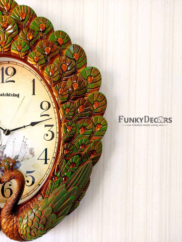 Funkytradition Royal Green Peacock Wall Clock For Home Office Decor And Gifts 60 Cm Tall Clocks