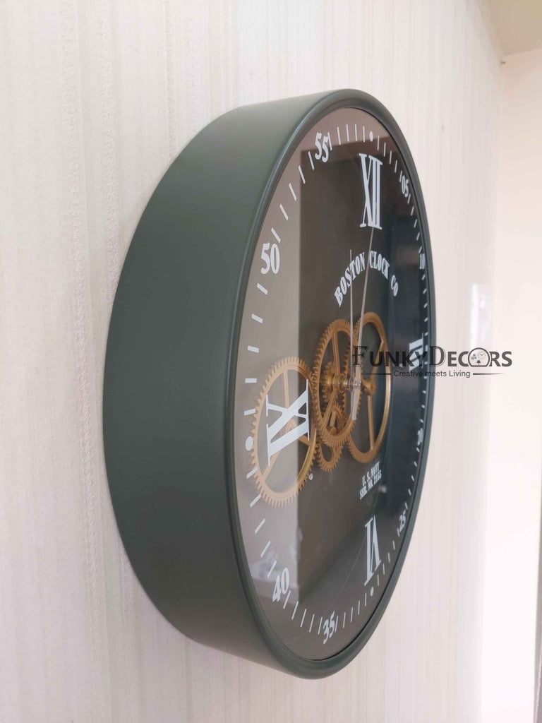 Funkytradition Royal Retro Style Metal Wall Clock With Glass Frame And Moving Gear Chronograph