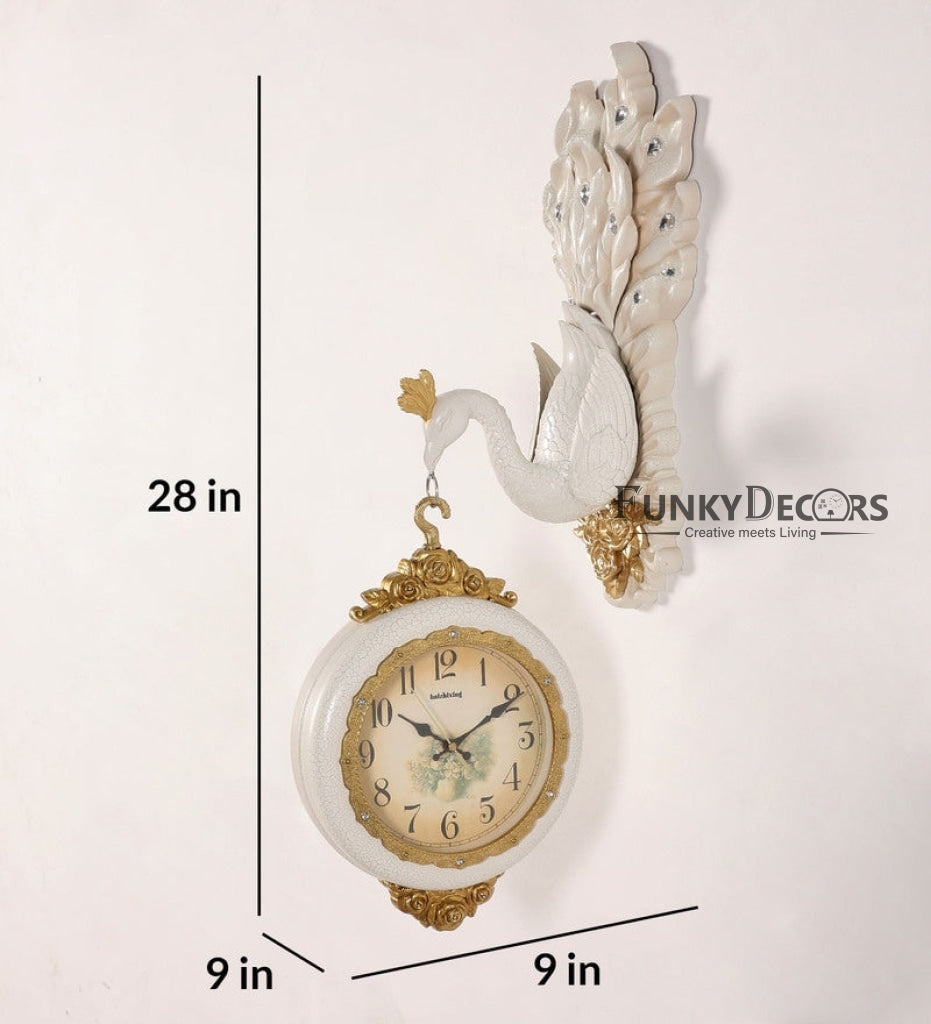 FunkyDecors Royal White Dual Hanging Peacock Wall Clock For Home Office Decor And Gifts 75 Cm