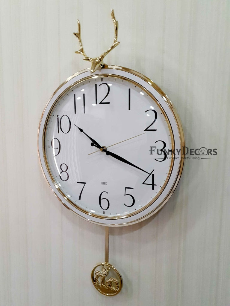 FunkyDecors White Golden Reindeer Pendulum Wall Clock Watch Decor For Home Office And Gifts 65 Cm
