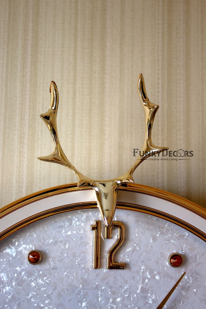 Funkytradition White Golden Reindeer Pendulum Wall Clock Watch Decor For Home Office And Gifts 65 Cm